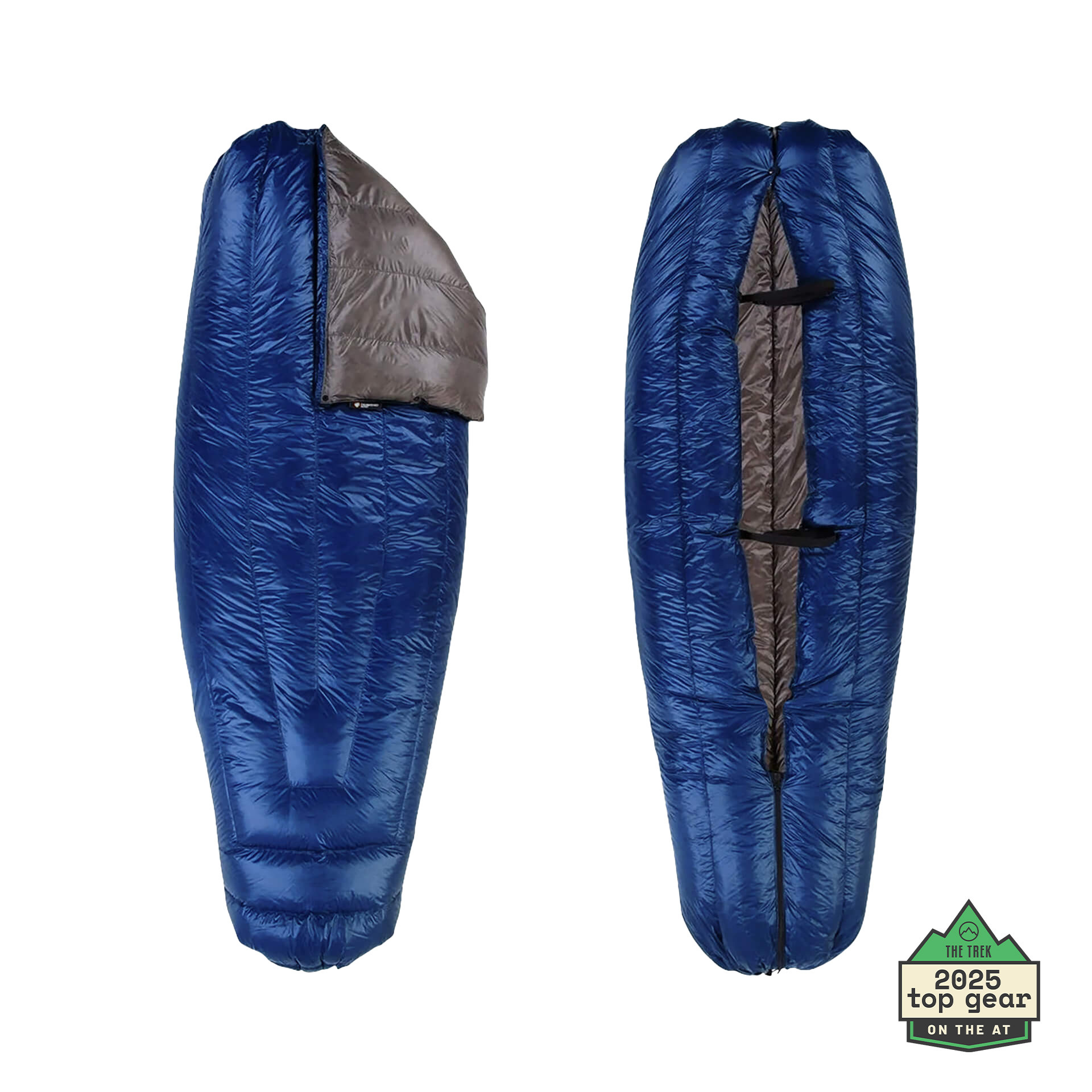 Enlightened Equipment Revelation 20 degree backpacking quilt, closed and open footbox views
