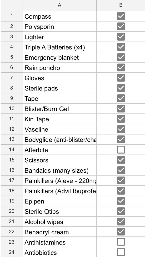 Backpacking first aid kit checklist with K-Tape, bandages, petroleum jelly, alcohol wipes and emergency supplies