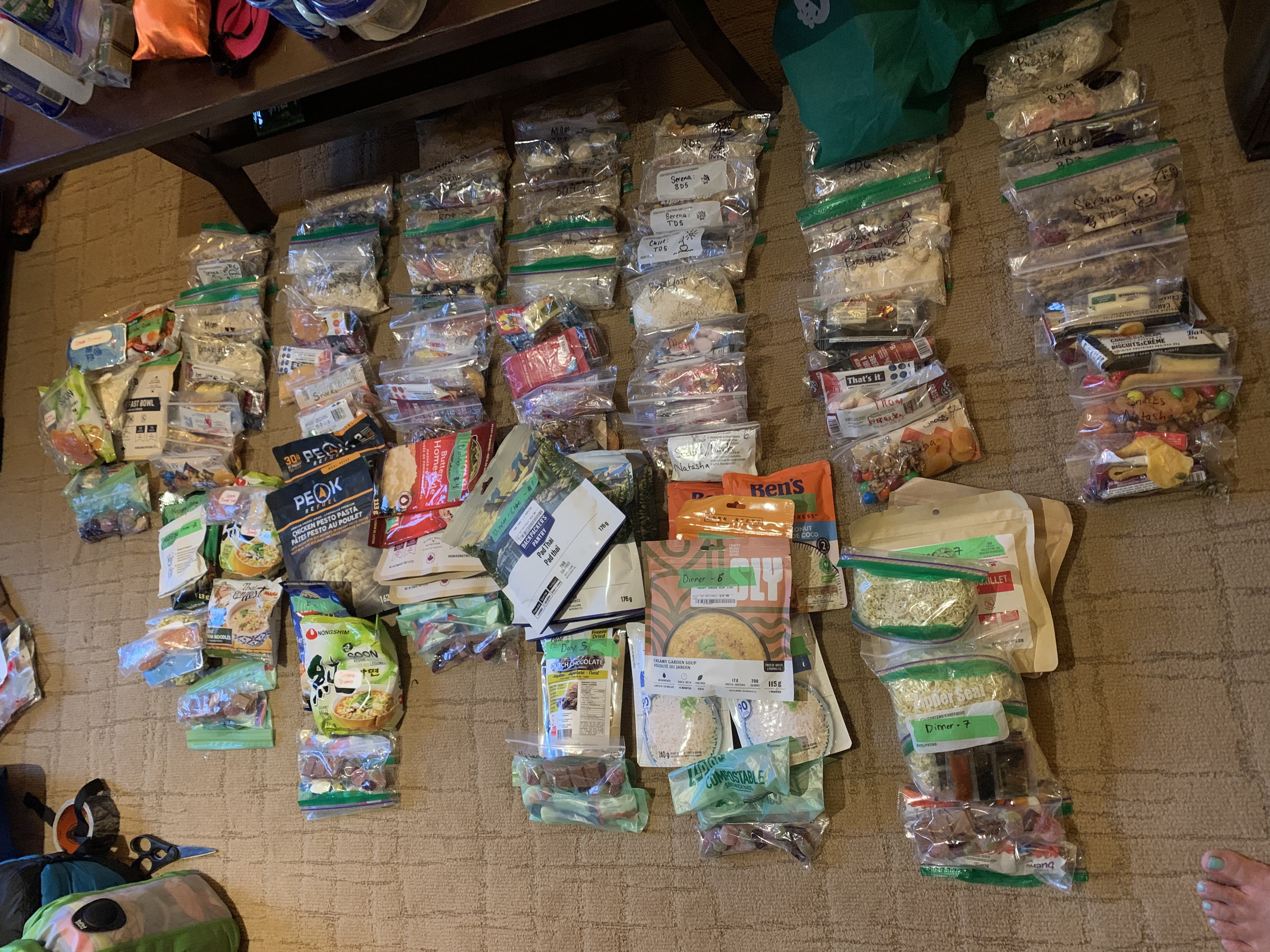 TrailReady backpacking meals organized in labelled zip-top bags before a Banff trip